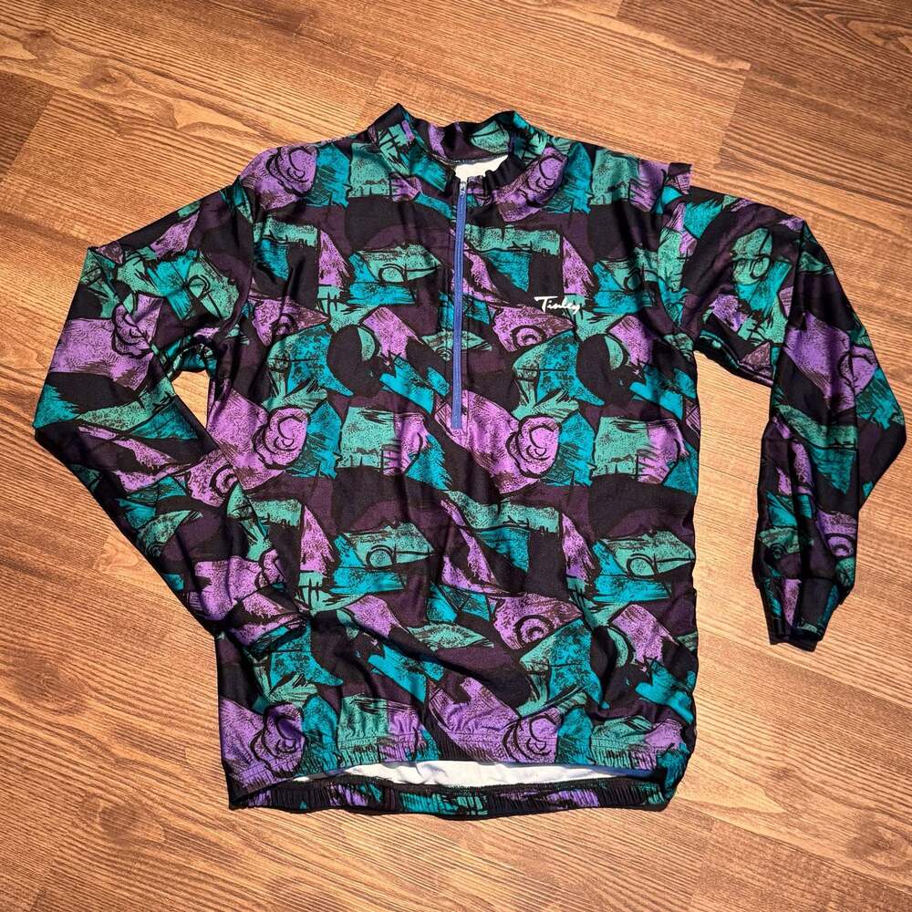 Vintage Tinley Cycling Jersey Men’s Long Sleeve 1/4 Zip Teal Purple Abstract